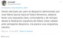 Este tuitero lamentaba que no hubiera una respuesta “clara, contundente y de rechazo” de la RFEF tras las palabras de José María García. (Foto: Twitter / <a href="http://twitter.com/jorgeMartnIsabe/status/1188543916502605824" rel="nofollow noopener" target="_blank" data-ylk="slk:@jorgeMartnIsabe" class="link ">@jorgeMartnIsabe</a>).