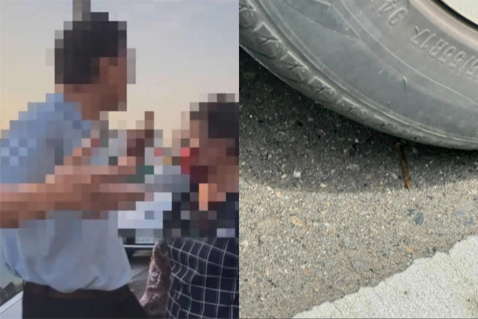 彰化一名女子8日將車停在路邊被附近住戶阻止，隔日還在輪胎前發現釘子。（翻攝自臉書社團「爆料公社」）