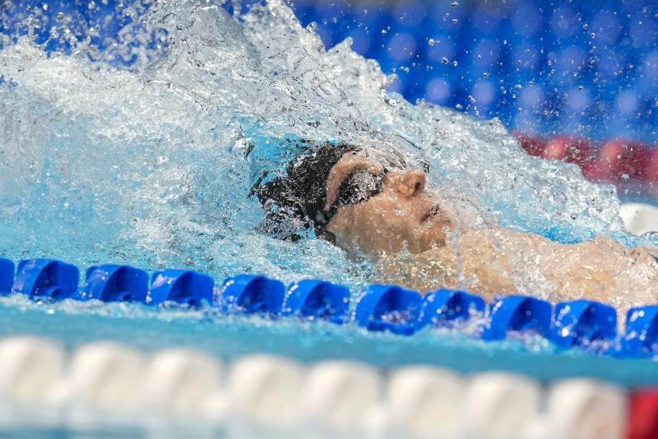 Ryan Murphy swims during the Men's 200 backstroke finals Thursday, June 20, 2024, at the US Swimming Olympic Trials in Indianapolis. (AP Photo/Darron Cummings)