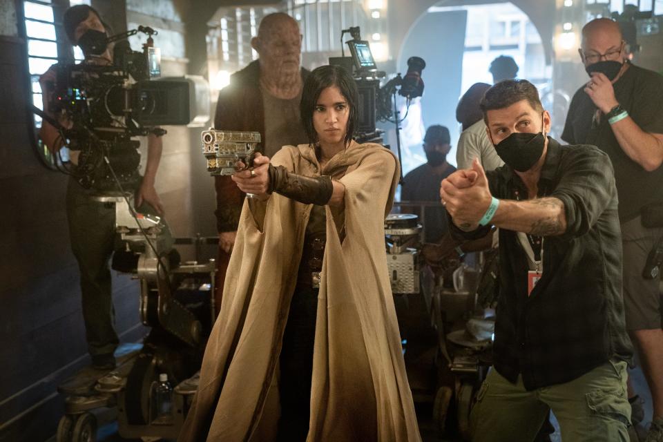 Sofia Boutella as Kora and Director/writer/producer Zack Snyder on the set of Rebel Moon