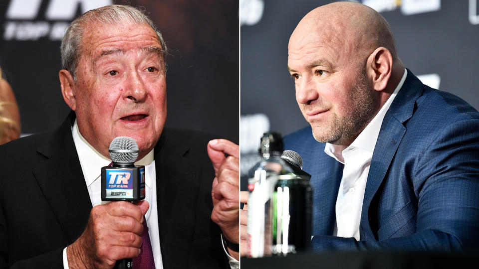 Bob Arum and Dana White are pictured in a split 5/50 image.