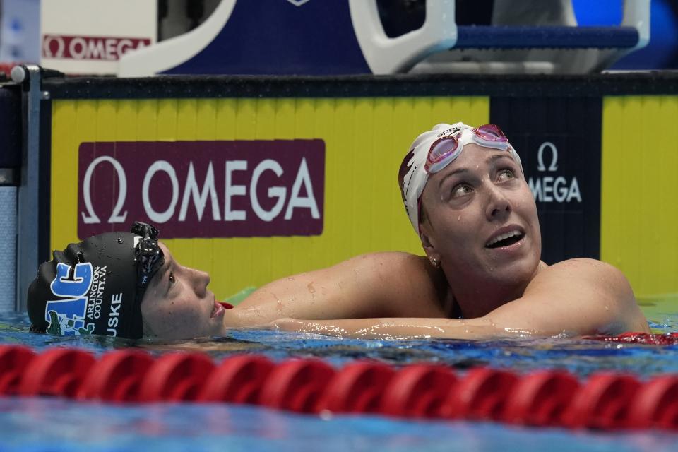 Abbey Weitzeil and Torri Huske after a Women's 100 freestyle semifinals heat Tuesday, June 18, 2024, at the US Swimming Olympic Trials in Indianapolis. (AP Photo/Darron Cummings)