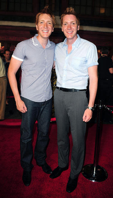 <p>James Phelps and Oliver Phelps attend the Grand Opening of The Wizarding World of Harry Potter</p>