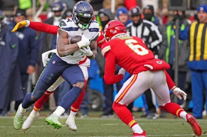 Seattle Seahawks wide receiver DK Metcalf (L) is a fantasy football WR1 in Week 15. File Photo by Jon Robichaud/UPI