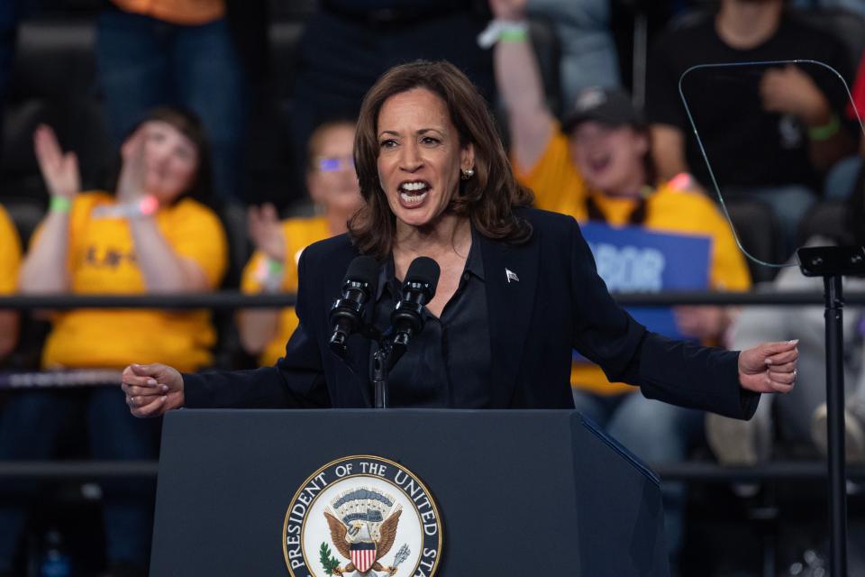 Democratic presidential nominee Vice President Kamala Harris speaks at a rally at the Dort Financial Center in Flint, Michigan (Getty Images)