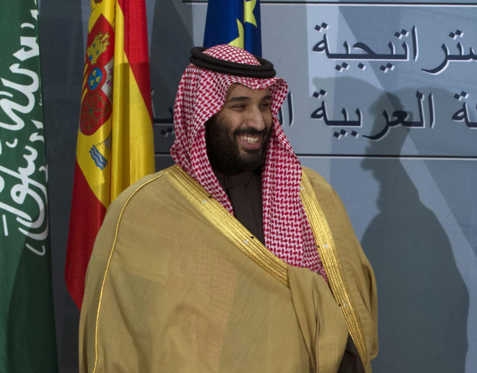 FILE - In this April 12, 2018, file photo, Saudi Crown Prince Mohammed bin Salman prepares to leave after a signing ceremony with Spain's Prime Minister Mariano Rajoy in Madrid, Spain. The killing of Saudi journalist Jamal Khashoggi at the kingdom’s consulate in Istanbul on Oct. 2, 2018, is unlikely to halt Salman’s rise to power, but could cause irreparable harm to relations with Western governments and businesses, potentially endangering his ambitious reform plans. (AP Photo/Paul White, File)