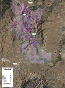 This detailed aerial view shows the survey areas of Comstock Mining’s Dayton Consolidated and Spring Valley exploration targets in Lyon County, Nevada.