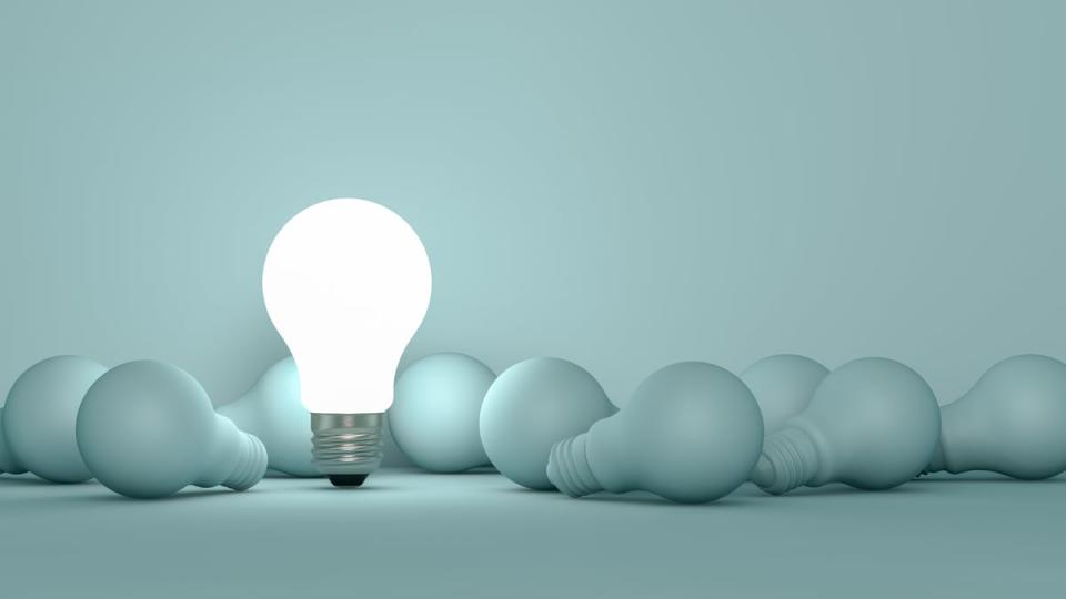 One lit light bulb stands among many unlit light bulbs.