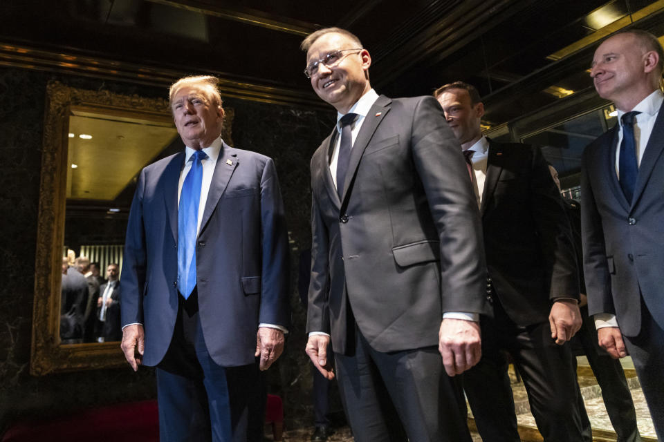 Republican presidential candidate former President Donald Trump meets with Poland's President Andrzej Duda at Trump Tower in midtown Manhattan in New York on Wednesday, April 17, 2024. (AP Photo/Stefan Jeremiah)