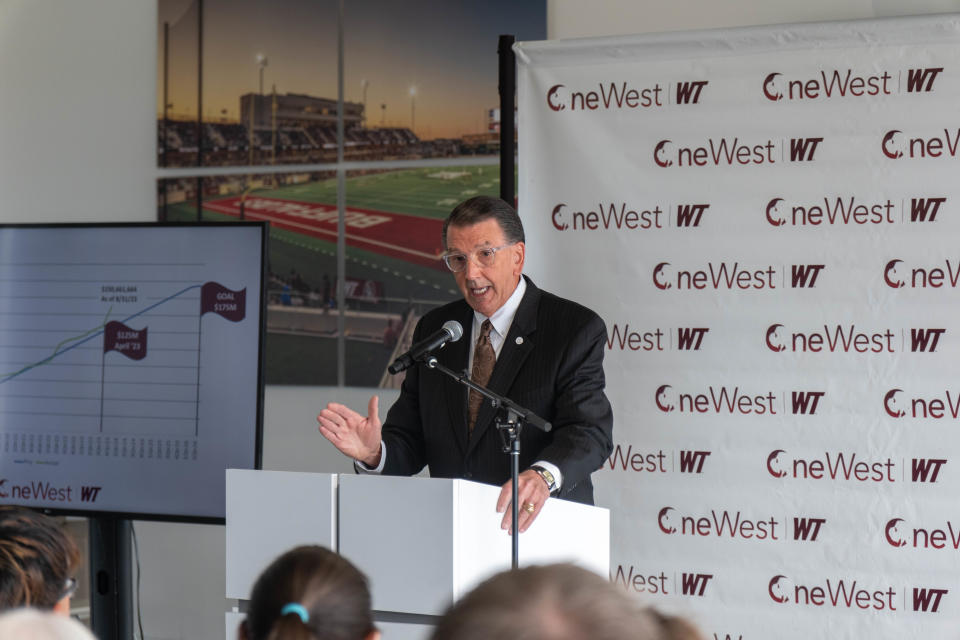 WT President Walter Wendler speaks to the audience in September at the WT One West Campaign Announcement at the Bain-Schaeffer Buffalo Stadium in Canyon.