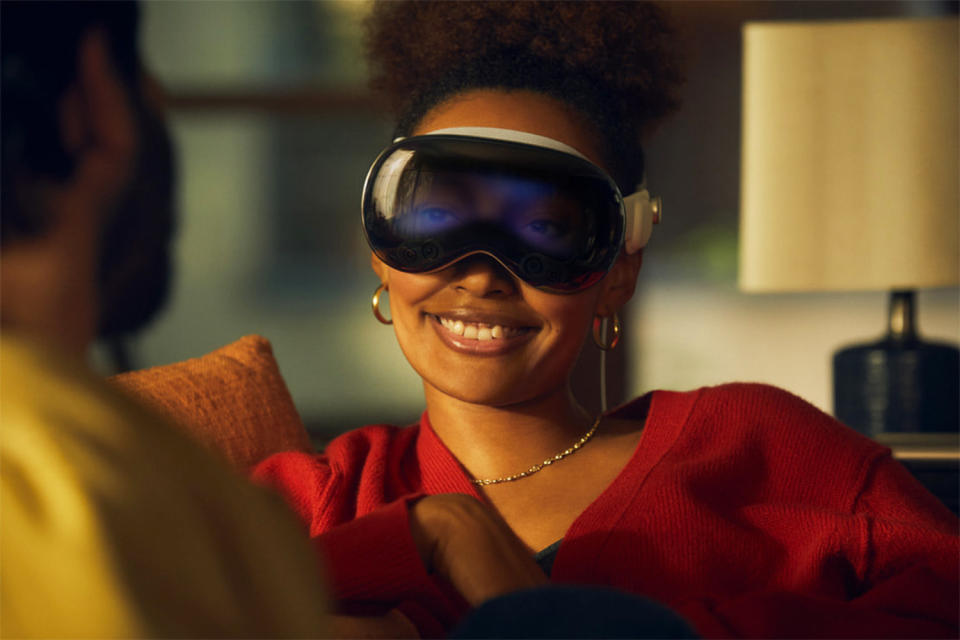 An Apple Vision Pro headset is displayed on a user. (Courtesy Apple)