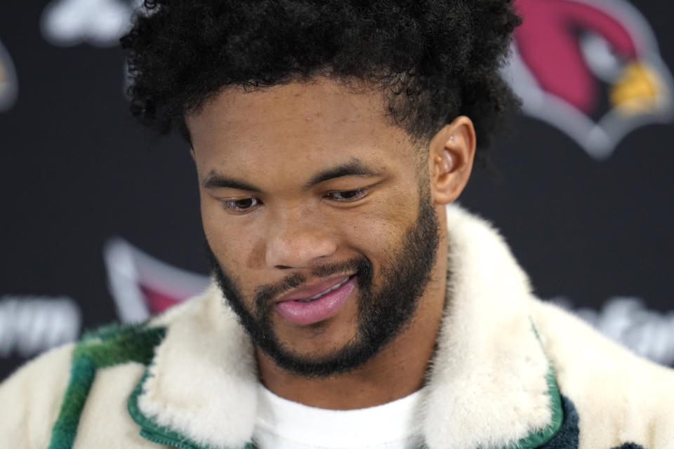 Arizona Cardinals quarterback Kyler Murray talks to reporters after his team's 27-16 loss to the Chicago Bears in an NFL football game Sunday, Dec. 24, 2023, in Chicago. (AP Photo/Erin Hooley)