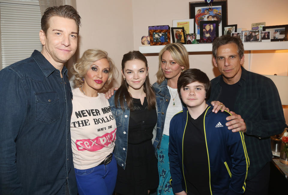 NEW YORK, NY - APRIL 06:  (EXCLUSIVE COVERAGE) (L-R) Andy Karl, Orfeh, Ella Stiller, Christine Taylor, Quinlin Stiller and Ben Stiller pose backstage at the hit musical based on the film "Pretty Woman:The Musiical" on Broadway at The Nederlander Theatre on April 6, 2019 in New York City.  (Photo by Bruce Glikas/WireImage)