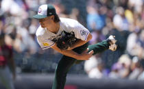 Colorado Rockies starting pitcher Ryan Feltner works against the Arizona Diamondbacks in the first inning of a baseball game Sunday, Aug. 14, 2022, in Denver. (AP Photo/David Zalubowski)