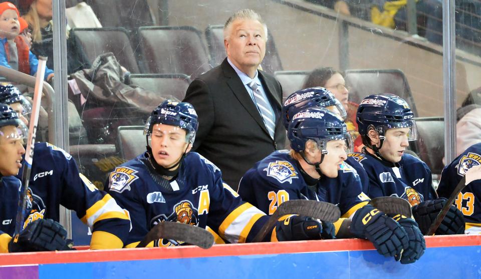 Erie Otters coach Stan Butler watches the action during the team's Jan. 15 Ontario Hockey League game against the Sarnia Sting. Butler helped the Otters clinch a playoff berth, the franchise's first since their 2016-17 season, in his first full season as their coach.