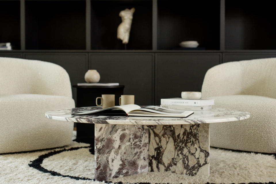 A marble coffee table with distinct veining