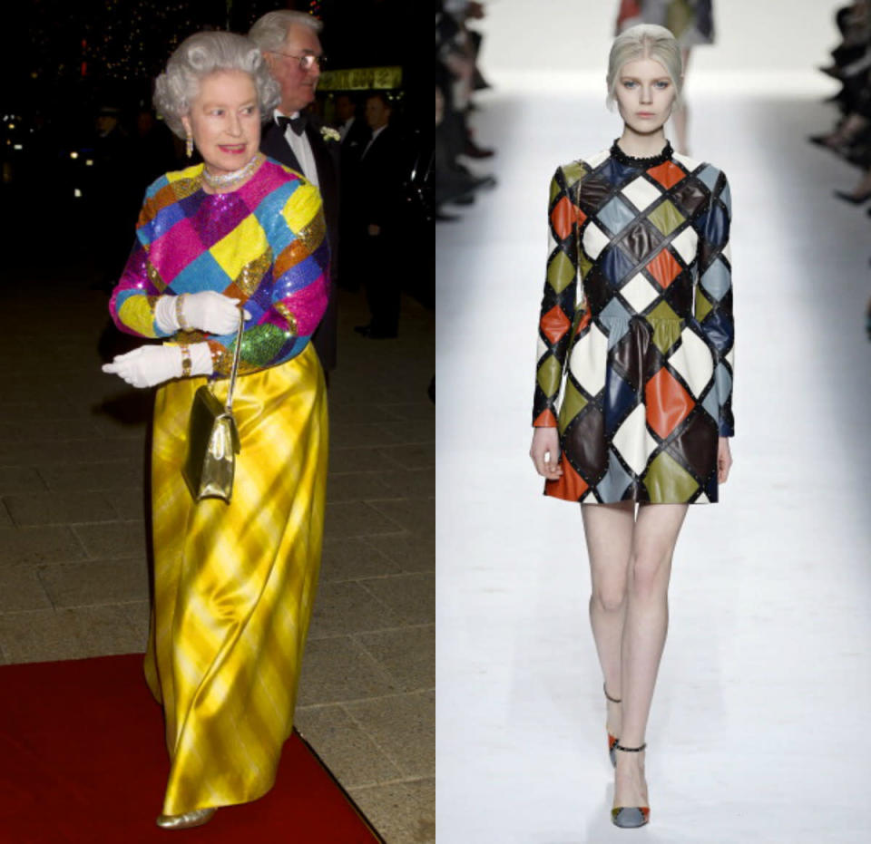 <p>The Queen made a big statement when she turned up to the 1999 Royal Variety Performance in this bold number. She definitely helped the revival of the harlequin print as it then featured in Valentino’s catwalk. <i>[Photo: Indigo/Getty Images/ Photo: Catwalking/Getty Images]</i></p>