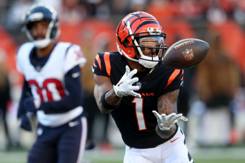 Cincinnati Bengals wide receiver Ja'Marr Chase (R) makes a catch against the Houston Texans on Sunday at Paycor Stadium in Cincinnati. Photo by John Sommers II/UPI