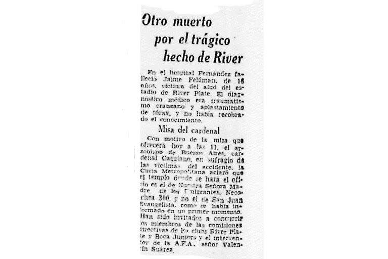 Julián Jaime Feldman, de 16 años, también falleció en la Puerta 12. Lo consignó el diario La Nación en su edición del domingo 30 de junio de 1968. (Archivo Diario La Nación)