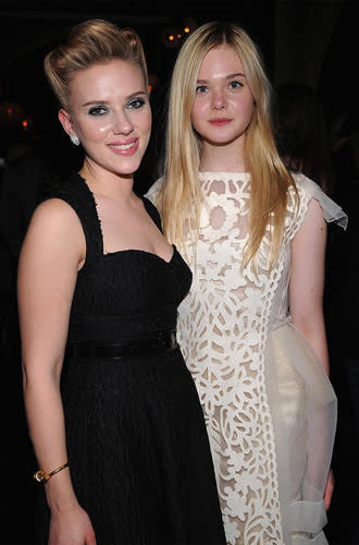 Scarlett Johansson and Elle Fanning at the New York premiere of We Bought a Zoo on December 12, 2011. Photo by Dimitrios Kambouris, Film Magic