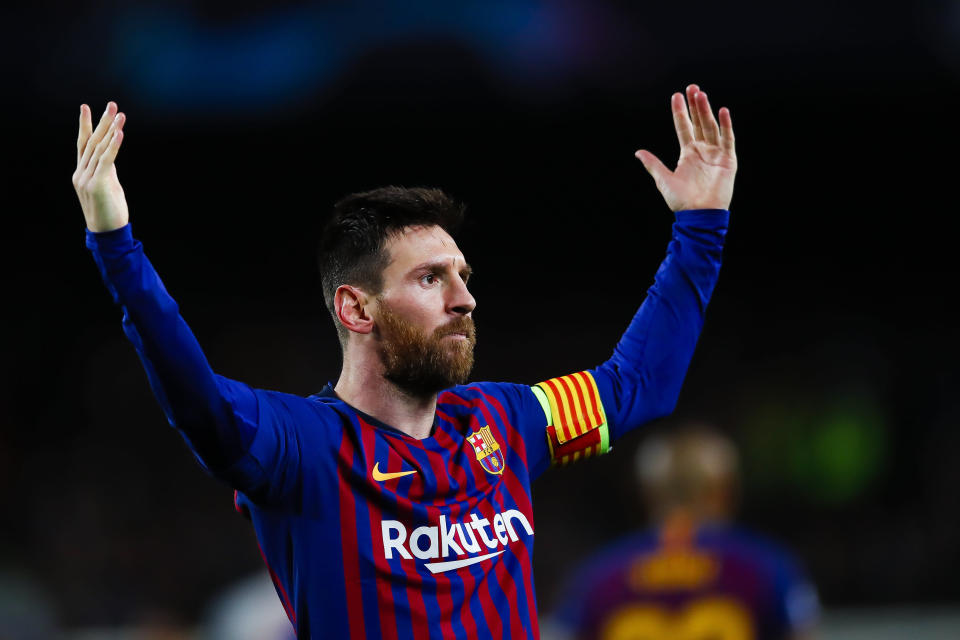 BARCELONA, SPAIN - MAY 01: Lionel Messi of FC Barcelona celebrates scoring his side's 2nd goal in the 75th minute during the UEFA Champions League Semi Final first leg match between Barcelona and Liverpool at the Nou Camp on May 1, 2019 in Barcelona, Spain. (Photo by Eric Alonso/MB Media/Getty Images)