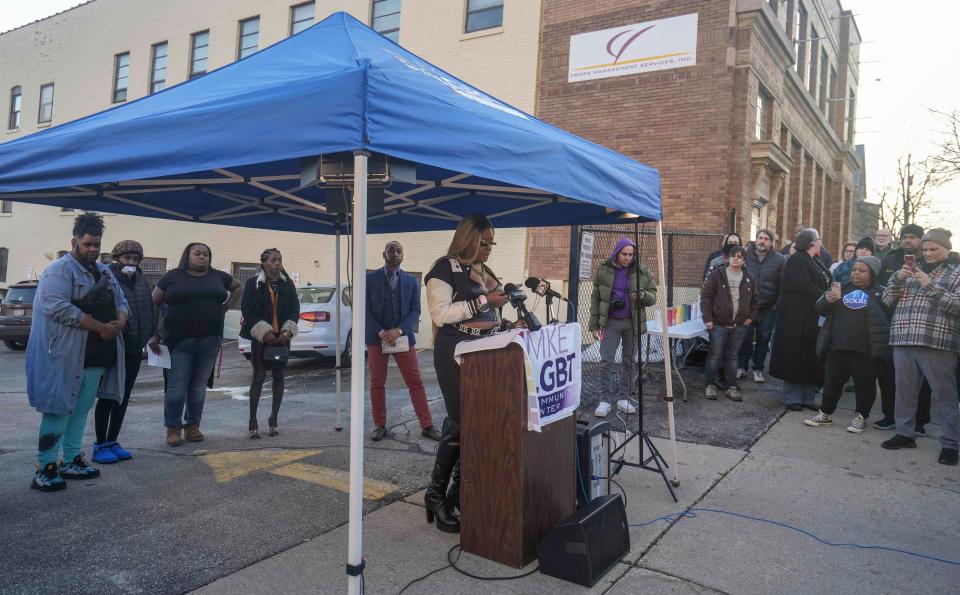 Elle Halo speaks during the vigil for Cashay Henderson, a transgender woman who died by homicide.