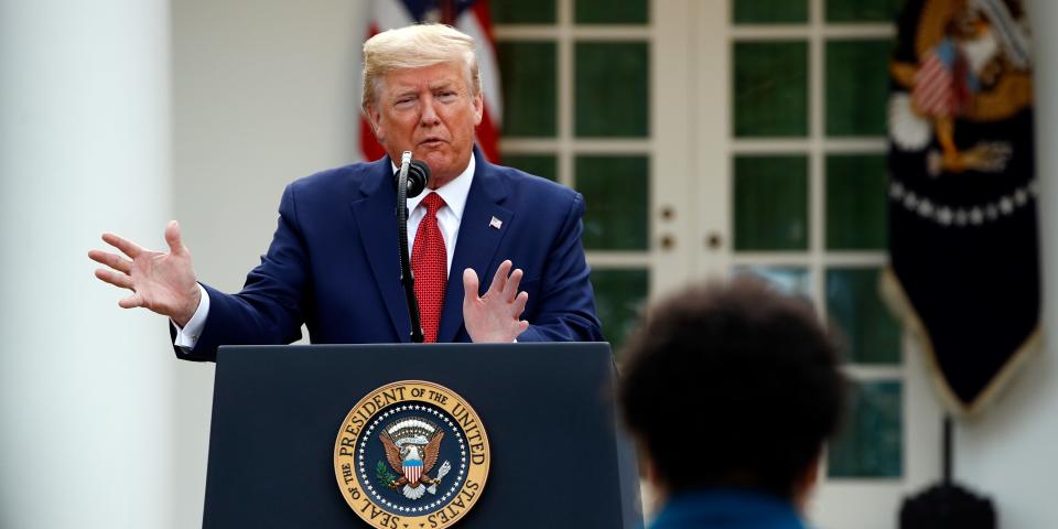 President Donald Trump answers a question from PBS reporter Yamiche Alcindor during a coronavirus task force briefing in the Rose Garden of the White House, Sunday, March 29, 2020, in Washington. (AP Photo/Patrick Semansky)