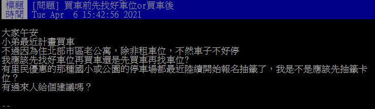 網友貼文發問「買車前先找好車位or買車後」。（圖／翻攝自PTT）