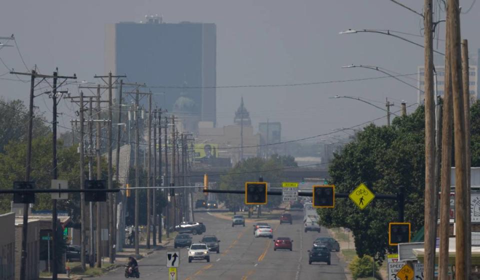 Wichita sees unhealthy air quality from US fires. This view is from Central near Grove looking west toward downtown. 