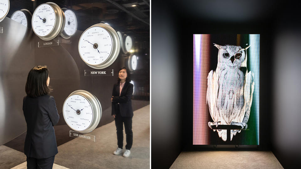 Artist and curator Somi Sim at Breguet's Frieze Booth; an owl-themed installation by Norwegian artist Ann Lislegaard.