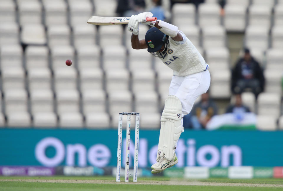 India's Cheteshwar Pujara bats during the fifth day of the World Test Championship final cricket match between New Zealand and India, at the Rose Bowl in Southampton, England, Tuesday, June 22, 2021. (AP Photo/Ian Walton)