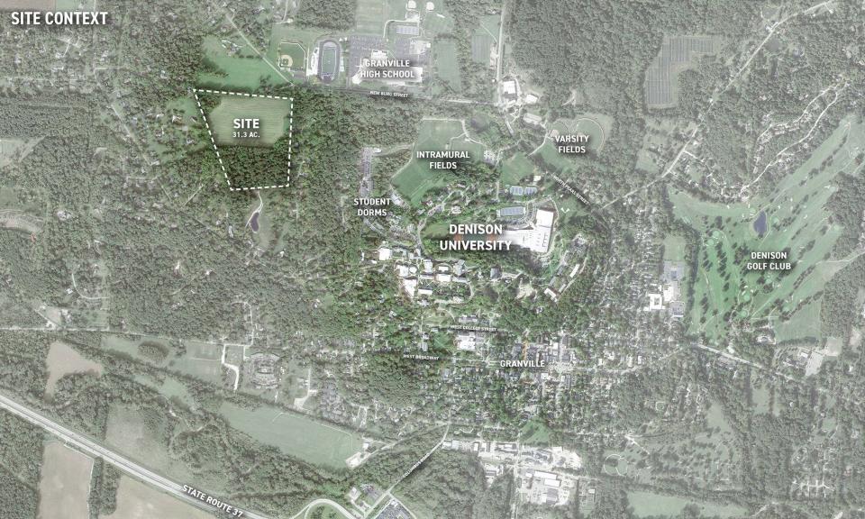 A site map shows the 31-acre site, outlined with a dotted line, where Denison University is seeking to build up to 70 units of faculty housing. The university wants to annex the property into the Village of Granville.