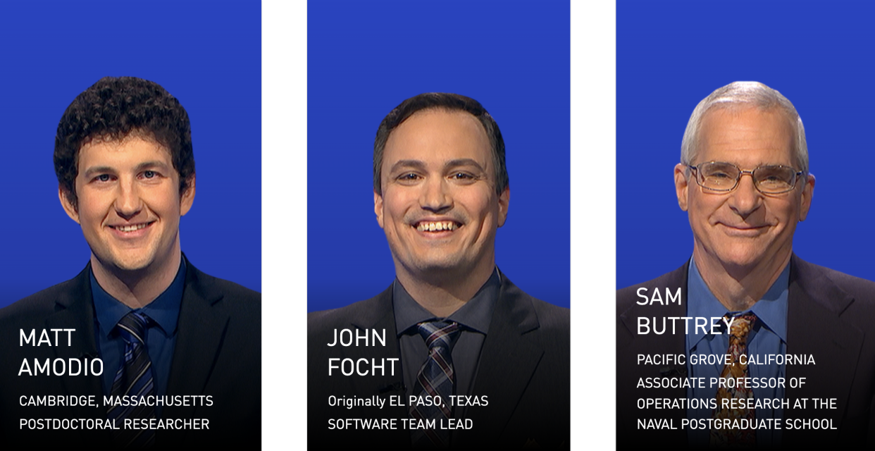 Matt Amodio, John Focht and Sam Buttrey faced off in the Tournament of Champions. (Photo: Jeopardy.com)