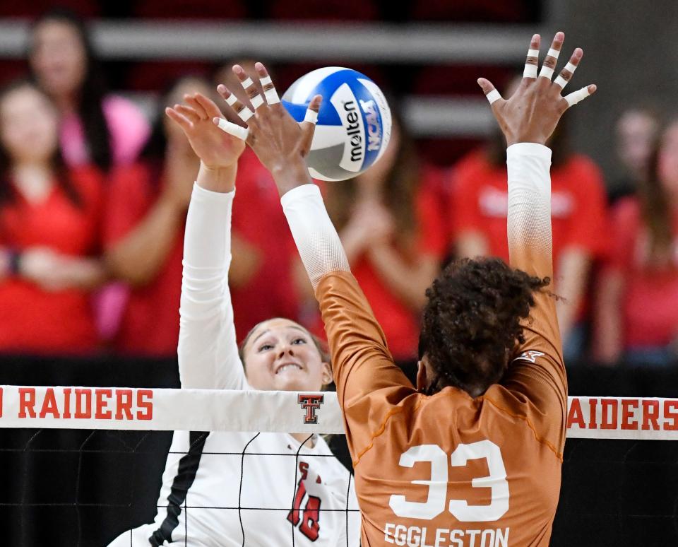 Texas Tech's Maddie O'Brien hits the ball against Texas in a Big 12 volleyball match, Sunday, Oct. 2, 2022, at United Supermarkets Arena.