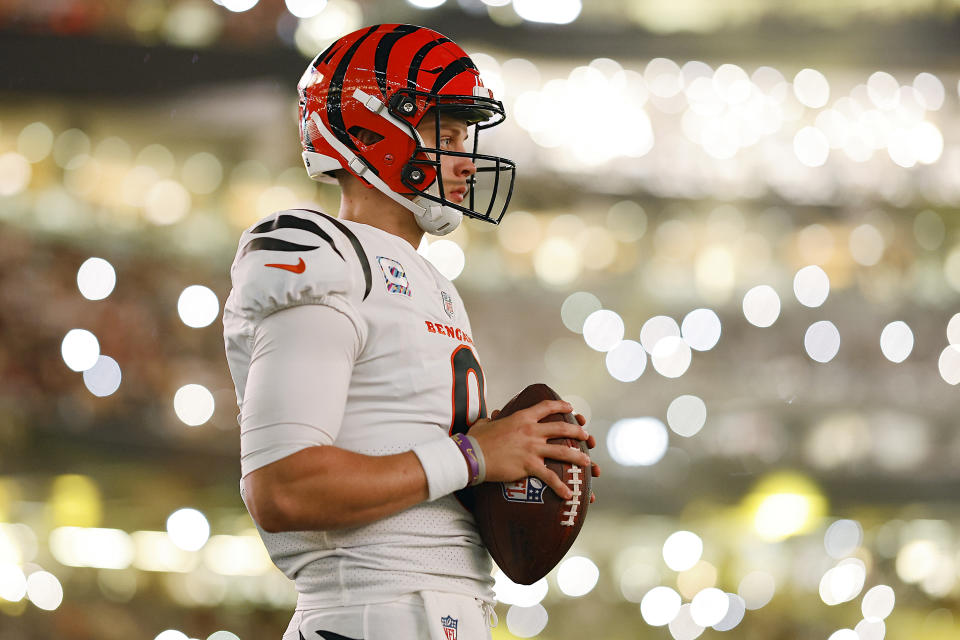 NEW ORLEANS, LOUISIANA – OCTOBER 16: Joe Burrow #9 of the <a class="link " href="https://sports.yahoo.com/nfl/teams/cincinnati/" data-i13n="sec:content-canvas;subsec:anchor_text;elm:context_link" data-ylk="slk:Cincinnati Bengals;sec:content-canvas;subsec:anchor_text;elm:context_link;itc:0">Cincinnati Bengals</a> looks on prior to the game against the New Orleans Saints at Caesars Superdome on October 16, 2022 in New Orleans, Louisiana. (Photo by Chris Graythen/Getty Images)