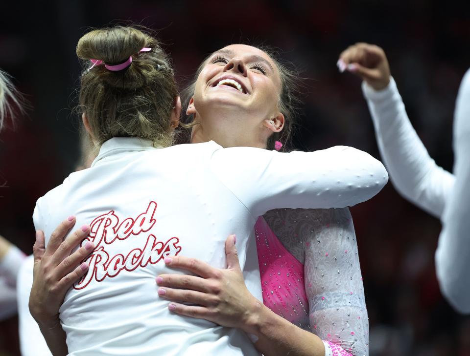 University of Utah gymnast Maile O’Keefe celebrates her floor routine against Stanford in Salt Lake City on Friday, Feb. 23, 2024. | Jeffrey D. Allred, Deseret News