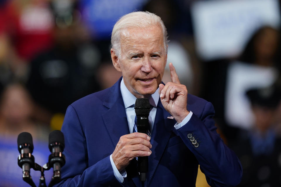 FILE - President Joe Biden speaks at the Arnaud C. Marts Center on the campus of Wilkes University, Tuesday, Aug. 30, 2022, in Wilkes-Barre, Pa. Biden will sound an alarm Thursday night about what he views as “extremist” threats to American democracy from the restive forces of Trumpism, aiming to reframe the November elections as part of an unceasing battle for the “soul of the nation.” (AP Photo/Matt Slocum)