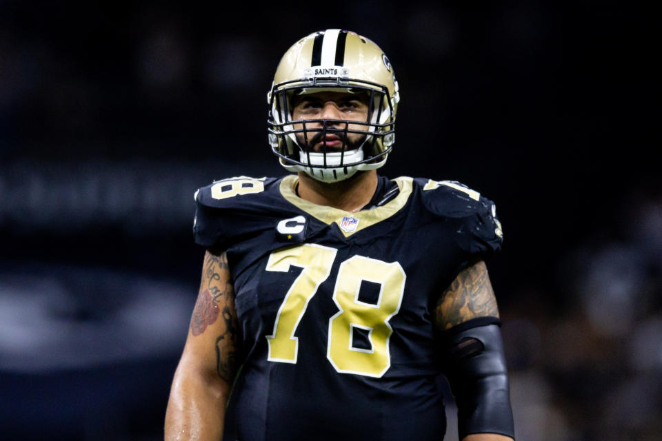 Sep 10, 2023; New Orleans, Louisiana, USA; New Orleans Saints center Erik McCoy (78) on a time out against the Tennessee Titans during the first half at the Caesars Superdome. Mandatory Credit: Stephen Lew-USA TODAY Sports