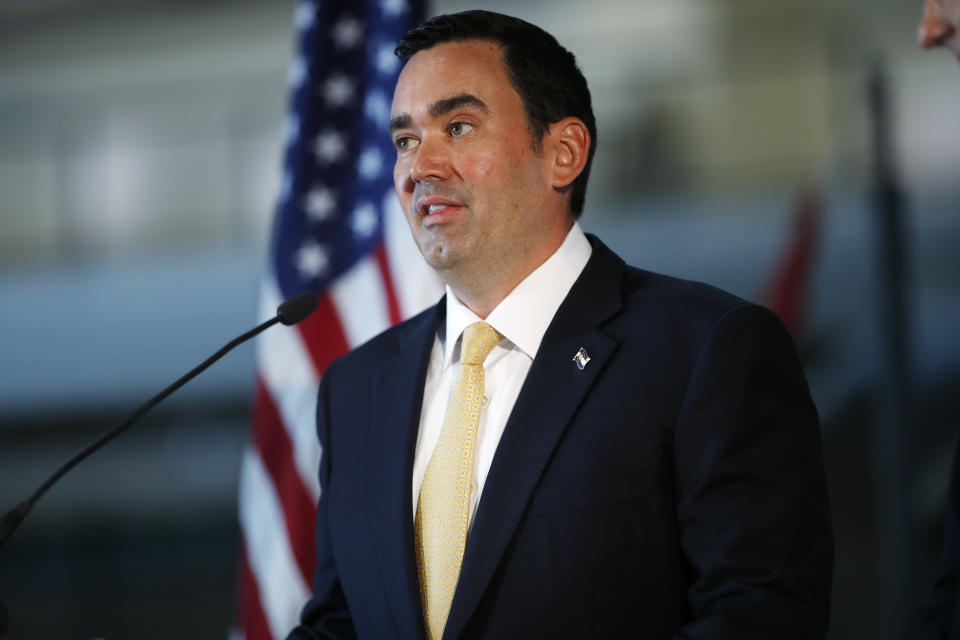 FILE - In this Wednesday, July 11, 2018, file photograph, Colorado Republican gubernatorial candidate Walker Stapleton speaks after introducing his running mate, Lang Sias, during a news conference in a military aircraft museum in Denver. Stapleton, who has served two terms as the state's treasurer, is facing Democratic U.S. Rep. Jared Polis in the race for the state's top official. (AP Photo/David Zalubowski, File)