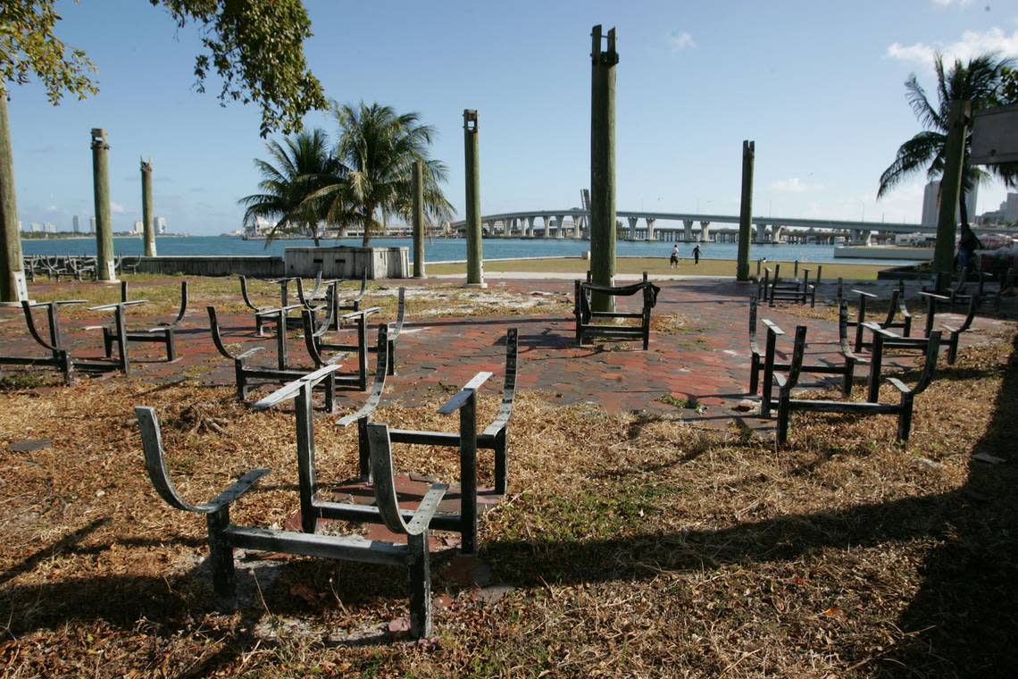 In 2008, steel frames for tables and benches are all that are left along the waterfront at Bicentennial Park.