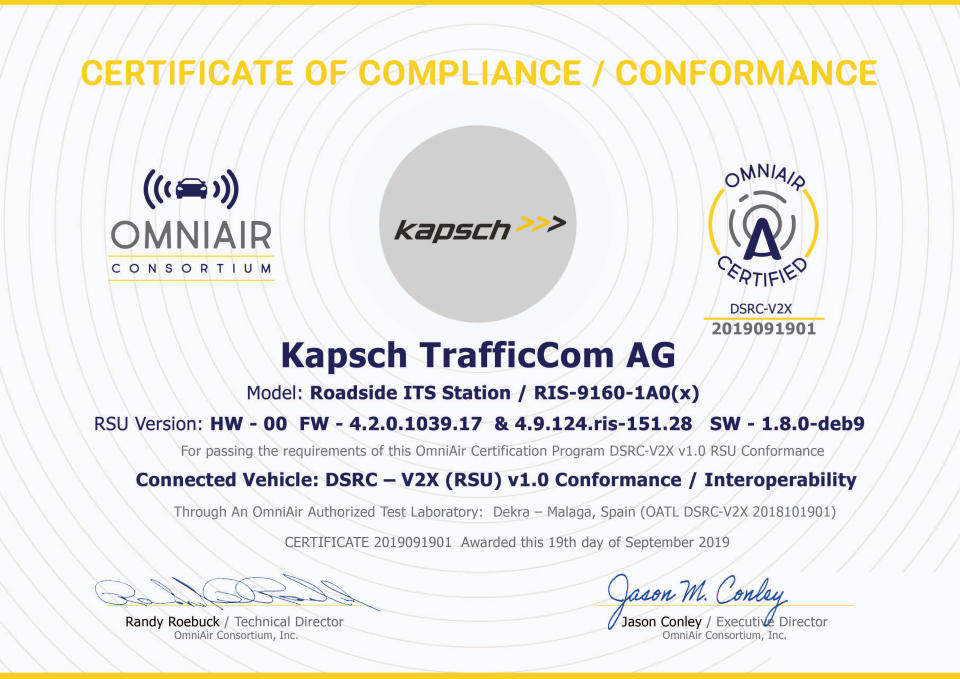 Kapsch Receives OmniAir Certification for Connected Vehicle Roadside Units