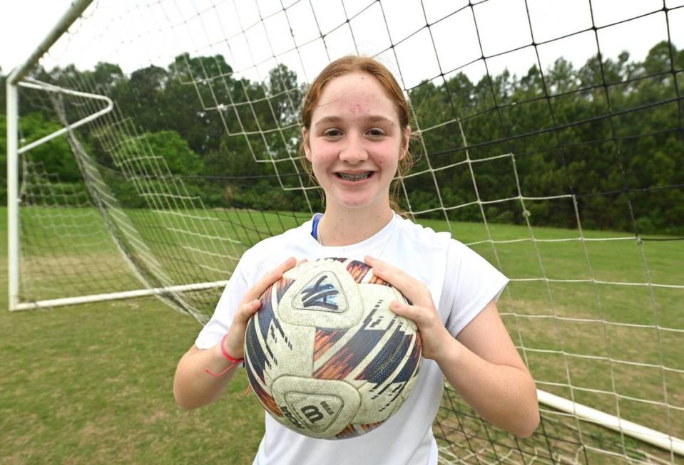 Ardrey Kell girls soccer player Makayla Rodriguez on Wednesday, April 17, 2024. Rodriguez a freshman is a star player and hopes to lead the Knights to back-to-back state titles.