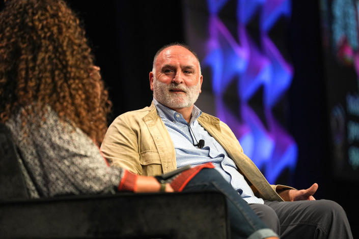 Chef José Andrés is interviewed by Michele Norris at a South by Southwest Keynote event in the Austin Convention Center on Sat. March 11, 2023.