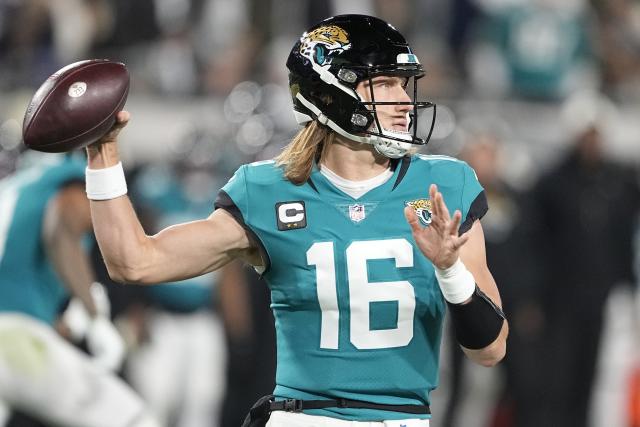 Jacksonville Jaguars place kicker Riley Patterson (10) kicks a field goal  in action during an NFL football game against the Tennessee Titans,  Saturday, Jan. 7, 2023, in Jacksonville, Fla. The Jaguars defeated