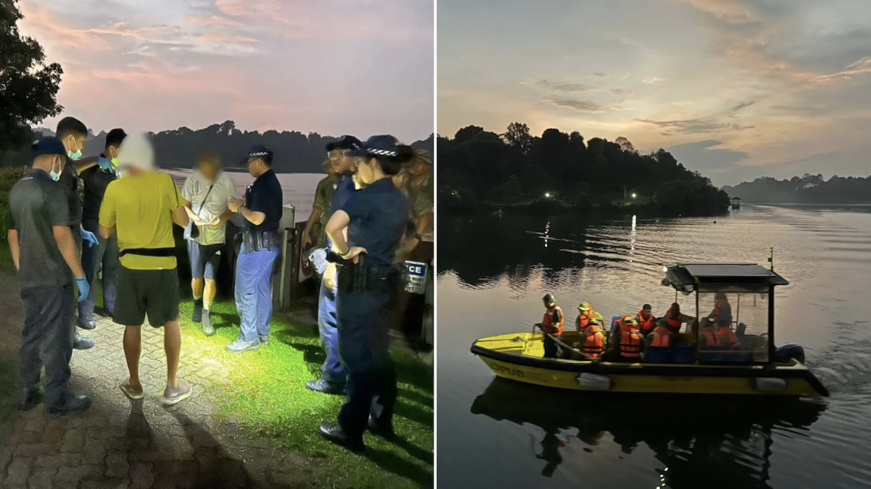 Singapore Police with two found hikers (left) and boat on MacRitchie Reservoir