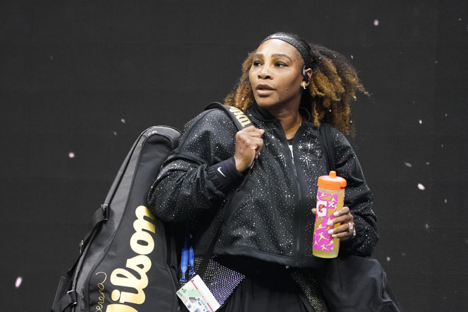 Serena Williams, of the United States, arrives to play Danka Kovinic, of Montenegro, during the first round of the US Open tennis championships, Monday, Aug. 29, 2022, in New York. (AP Photo/John Minchillo)