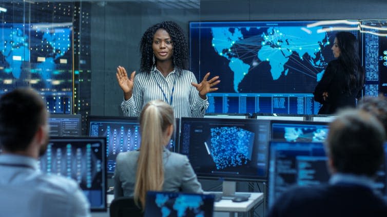 <span class="caption">Women scientists are moving to the centre.</span> <span class="attribution"><a class="link " href="https://www.shutterstock.com/image-photo/chief-project-engineer-holds-briefing-team-741648175" rel="nofollow noopener" target="_blank" data-ylk="slk:Gorodenkoff/Shutterstock;elm:context_link;itc:0;sec:content-canvas">Gorodenkoff/Shutterstock</a></span>