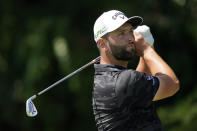 Jon Rahm of Spain, hits from the second tee during the third round of the Tour Championship golf tournament Saturday, Sept. 4, 2021, at East Lake Golf Club in Atlanta. (AP Photo/Brynn Anderson)