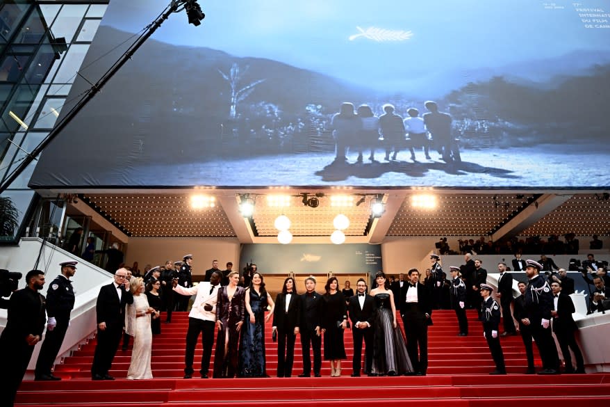 Members of the Jury of the 77th Cannes Film Festival French actor and comedian Omar Sy, US director and president of the Jury of the 77th Cannes Film Festival Greta Gerwig, US actress Lily Gladstone, Lebanese director Nadine Labaki, Japanese director Kore-eda Hirokazu Turkish actress and screenwriter Ebru Ceylan, Spanish director, producer, and writer Juan Antonio Bayona, French actress and model Eva Green and Italian actor Pierfrancesco Favino arrive for the Opening Ceremony and the screening of the film 