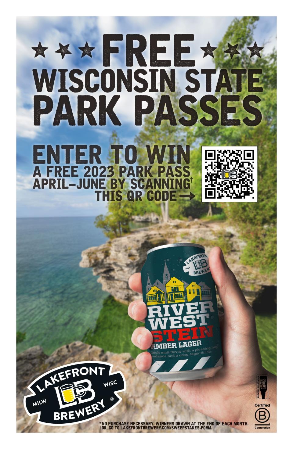 Lakefront Brewery is giving away free Wisconsin state park passes in a contest that runs from April through June.